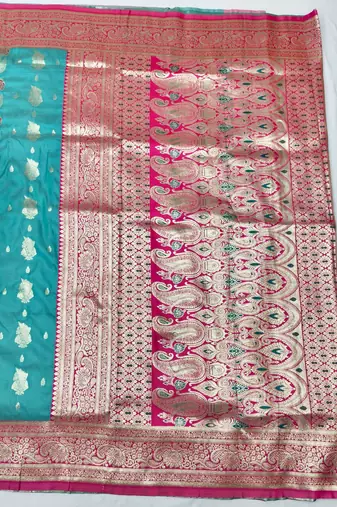 Blue zari woven banarasi silk traditional saree with blouse piece