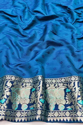 Blue zari woven baluchari silk traditional saree with blouse piece