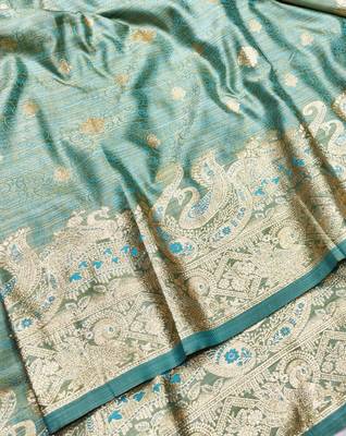 Firozi zari woven satin silk traditional saree with blouse piece 3