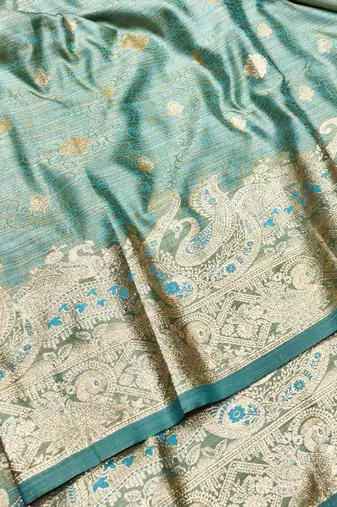 Firozi zari woven satin silk traditional saree with blouse piece