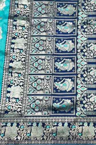 Blue zari woven baluchari silk traditional saree with blouse piece