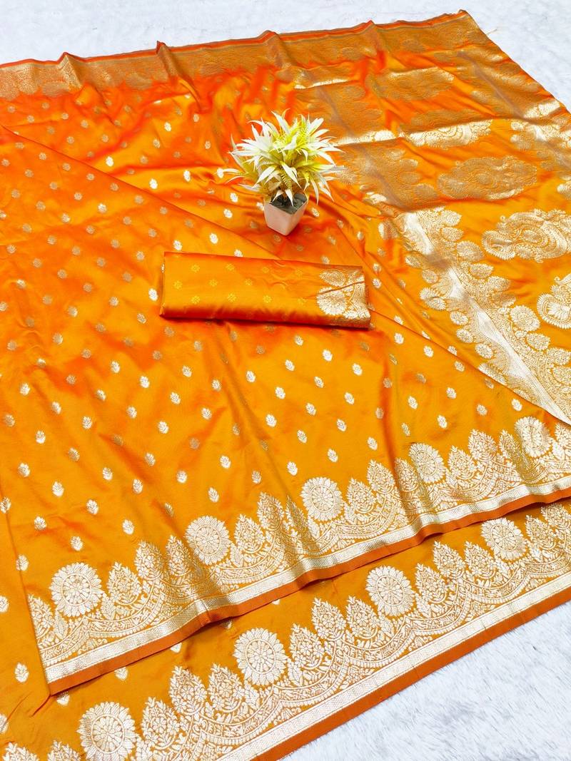 Gold zari woven banarasi silk traditional saree with blouse piece