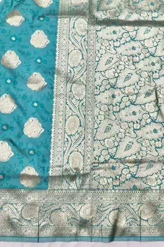 Blue zari woven banarasi silk traditional saree with blouse piece