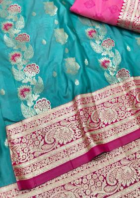 Blue zari woven banarasi silk traditional saree with blouse piece 1