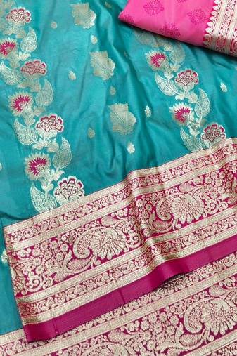 Blue zari woven banarasi silk traditional saree with blouse piece