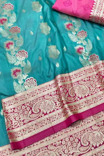Blue zari woven banarasi silk traditional saree with blouse piece