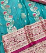 Blue zari woven banarasi silk traditional saree with blouse piece