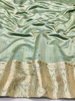 Firozi zari woven satin silk traditional saree with blouse piece 4