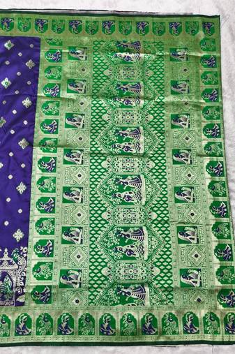 Purple zari woven baluchari silk traditional saree with blouse piece