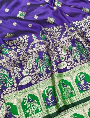 Purple zari woven baluchari silk traditional saree with blouse piece 2