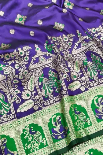 Purple zari woven baluchari silk traditional saree with blouse piece