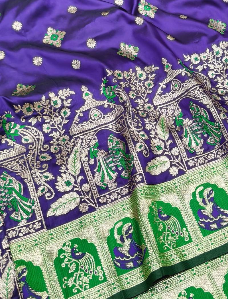 Purple zari woven baluchari silk traditional saree with blouse piece