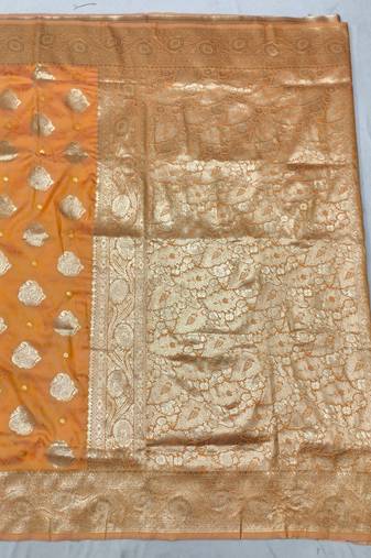 Orange zari woven banarasi silk traditional saree with blouse piece
