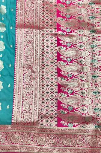 Blue zari woven banarasi silk traditional saree with blouse piece