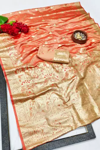 Red zari woven banarasi satin silk traditional saree with blouse piece
