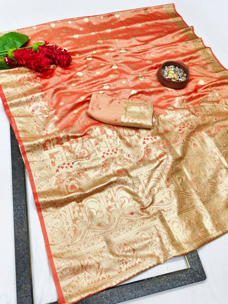 Red zari woven banarasi satin silk traditional saree with blouse piece