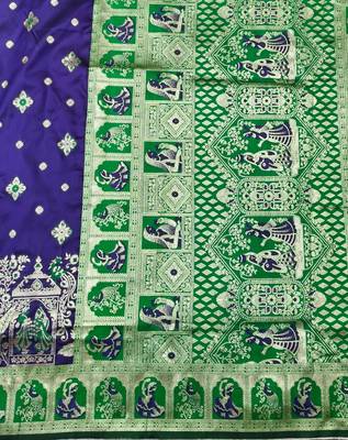 Purple zari woven baluchari silk traditional saree with blouse piece 4