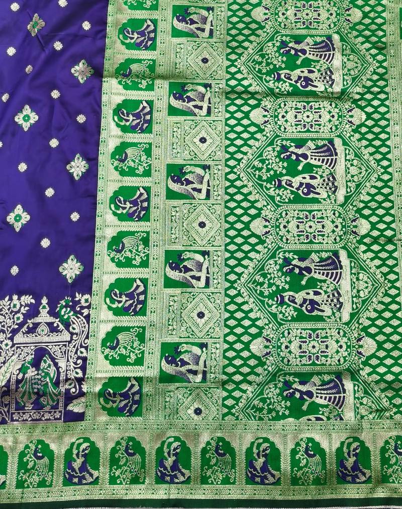 Purple zari woven baluchari silk traditional saree with blouse piece