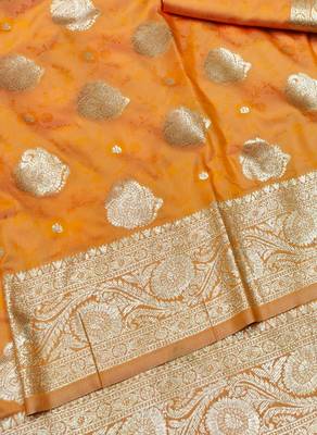 Orange zari woven banarasi silk traditional saree with blouse piece 2