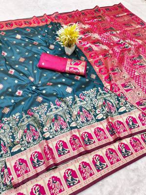 Dark blue zari woven baluchari silk traditional saree with blouse piece 1