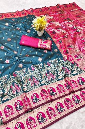 Dark blue zari woven baluchari silk traditional saree with blouse piece