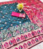 Dark blue zari woven baluchari silk traditional saree with blouse piece