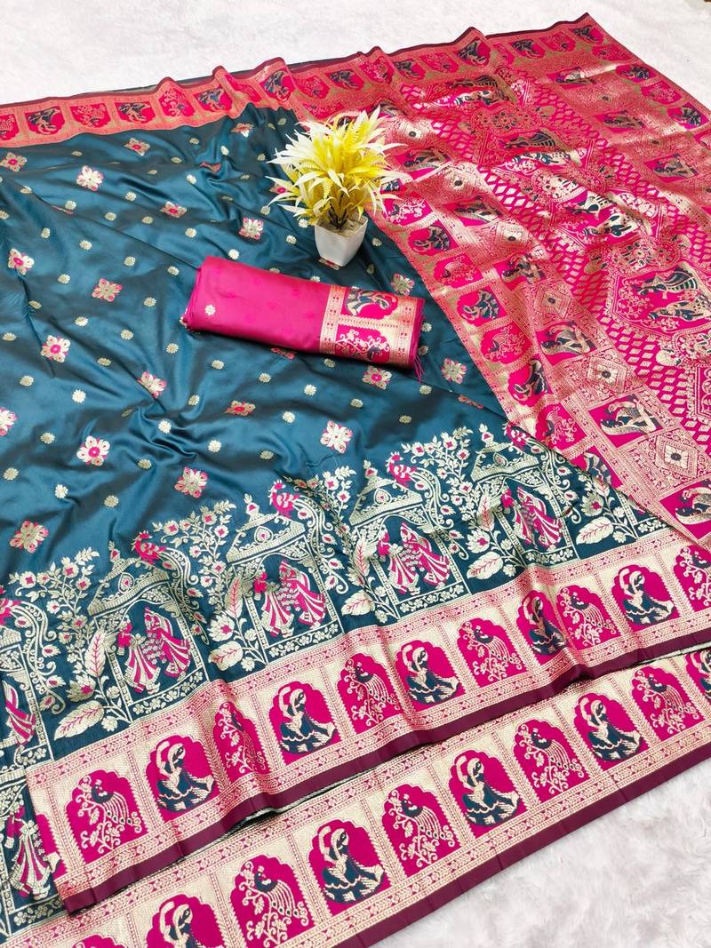 Dark blue zari woven baluchari silk traditional saree with blouse piece