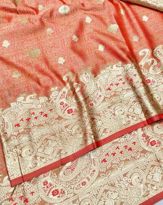 Red zari woven satin silk traditional saree with blouse piece 3