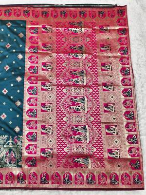 Dark blue zari woven baluchari silk traditional saree with blouse piece 2