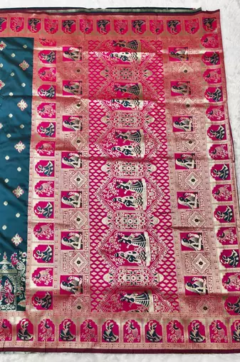 Dark blue zari woven baluchari silk traditional saree with blouse piece
