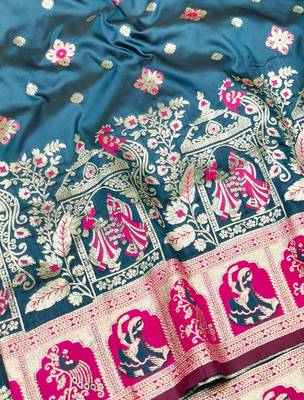 Dark blue zari woven baluchari silk traditional saree with blouse piece 3