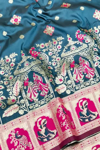 Dark blue zari woven baluchari silk traditional saree with blouse piece