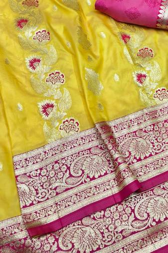 Gold zari woven banarasi silk traditional saree with blouse piece