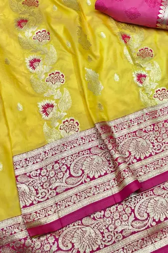 Gold zari woven banarasi silk traditional saree with blouse piece