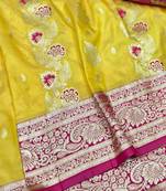 Gold zari woven banarasi silk traditional saree with blouse piece