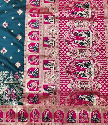 Dark blue zari woven baluchari silk traditional saree with blouse piece 5