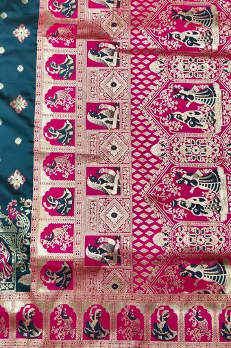 Dark blue zari woven baluchari silk traditional saree with blouse piece