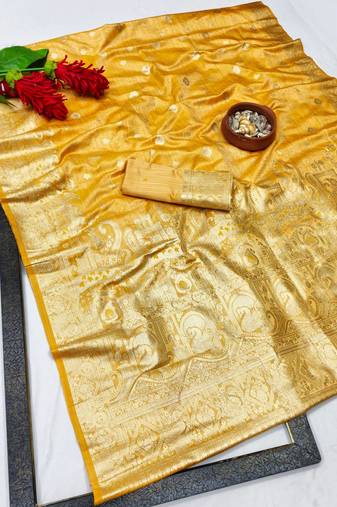 Gold zari woven banarasi satin silk traditional saree with blouse piece