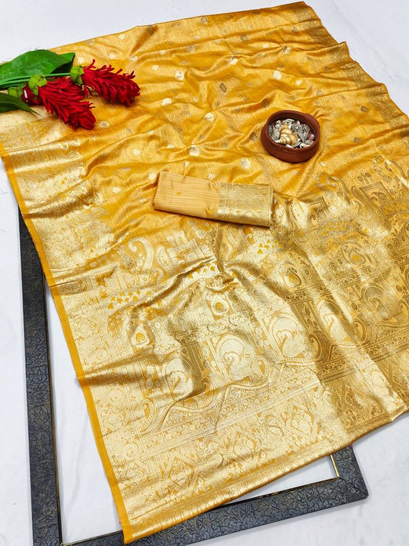 Gold zari woven banarasi satin silk traditional saree with blouse piece