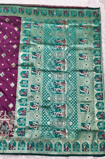 Wine zari woven baluchari silk traditional saree with blouse piece