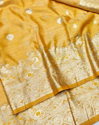 Gold zari woven satin silk traditional saree with blouse piece 3