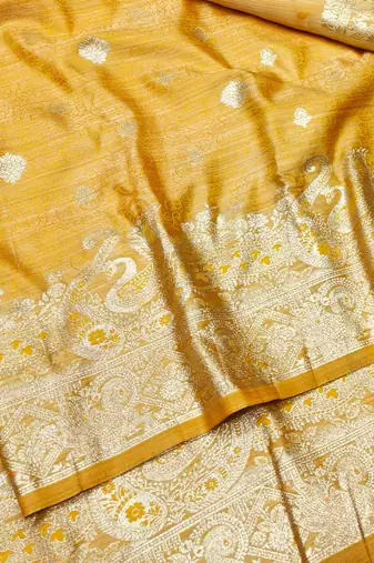 Gold zari woven satin silk traditional saree with blouse piece