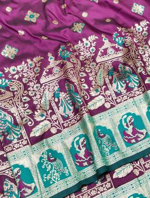 Wine zari woven baluchari silk traditional saree with blouse piece 2