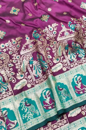 Wine zari woven baluchari silk traditional saree with blouse piece