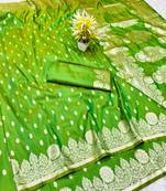 Green zari woven banarasi silk traditional saree with blouse piece