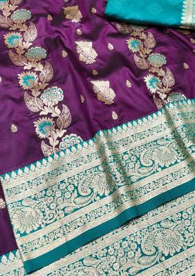 Wine zari woven banarasi silk traditional saree with blouse piece 1