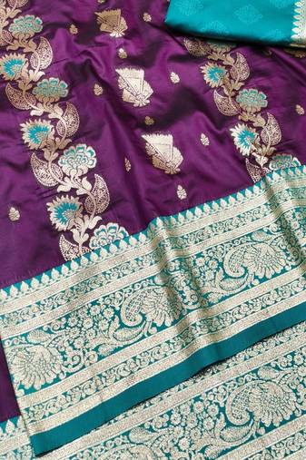 Wine zari woven banarasi silk traditional saree with blouse piece