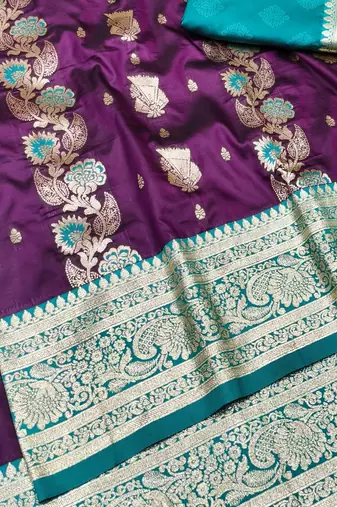 Wine zari woven banarasi silk traditional saree with blouse piece
