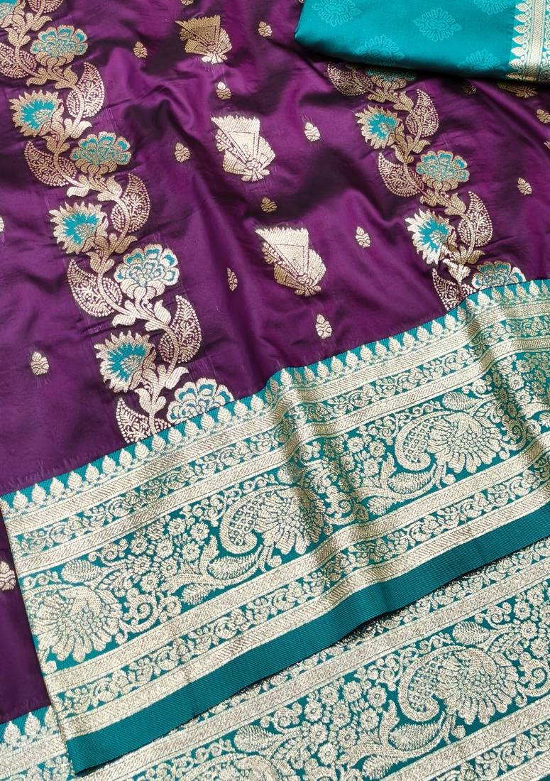 Wine zari woven banarasi silk traditional saree with blouse piece
