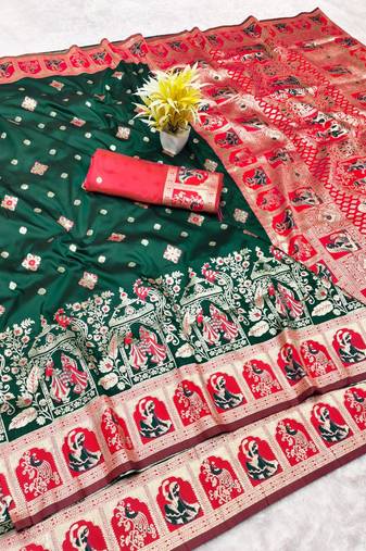 Green zari woven baluchari silk traditional saree with blouse piece